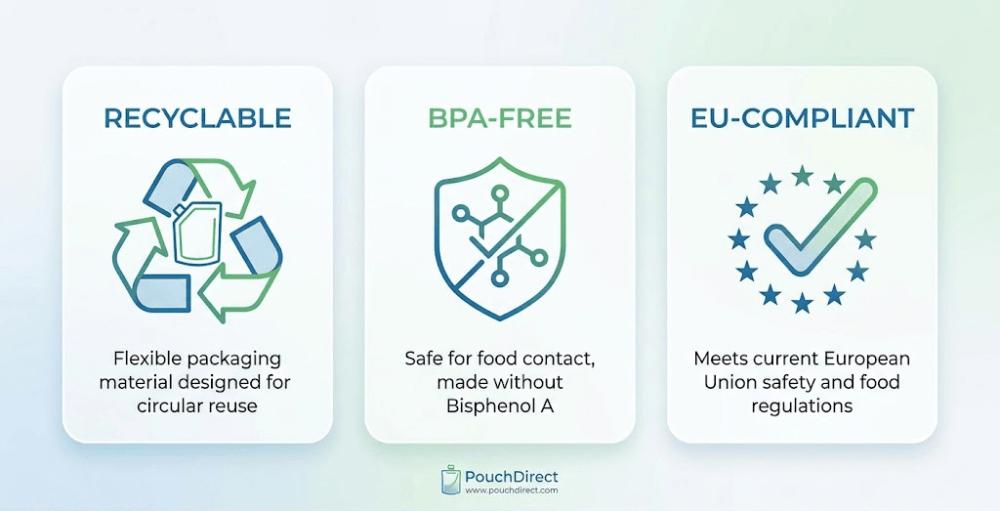 Icons for sustainability and packaging regulations: 100% recyclable, BPA-free, and EU-compliant Icons for sustainability and packaging regulations: 100% recyclable, BPA-free, and EU-compliant