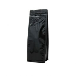 Flat bottom coffee pouch with front zipper - shiny black - 250 gr (95x245+{35+35} mm)
