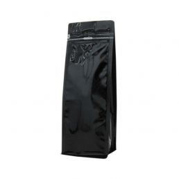 Flat bottom coffee pouch with front zipper - shiny black