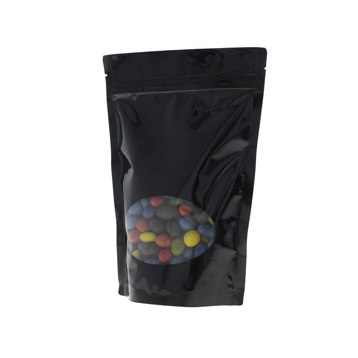 Stand-up pouch with oval window - shiny black - 190x265+{55+55} mm (1,3-1,4lt)