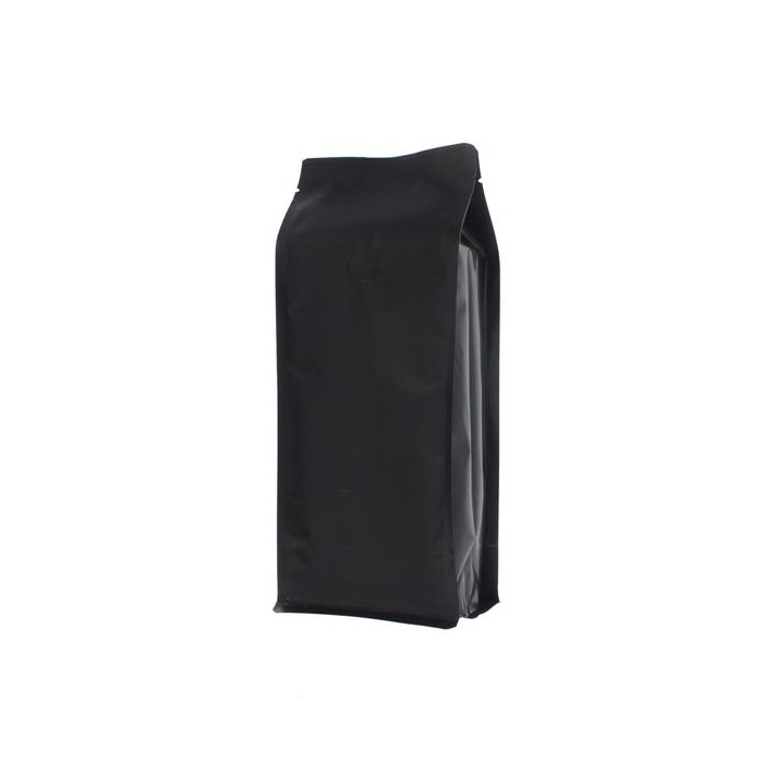 Matte black flat bottom coffee pouch with valve and tear notch.
