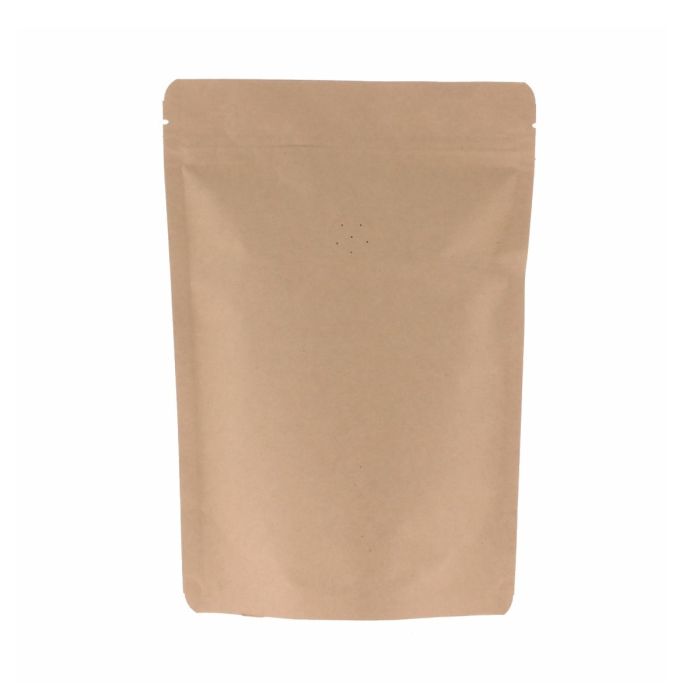 Brown 3-layer kraft paper doypack with valve, tear notch and zip closure.