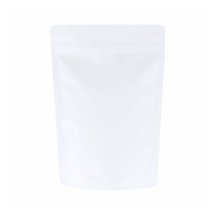 Matte white doypack with tear notch and zip closure.