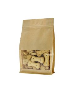 Brown aluminum-free kraft paper flat bottom pouch with window and front zipper.