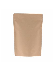 Brown 3-layer kraft paper doypack with valve, tear notch and zip closure.