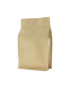 Brown kraft paper flat bottom coffee pouch with valve, tear notch and zip closure.