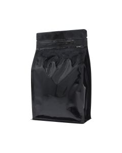 Flat bottom coffee pouch with zipper - shiny black - 250 gr (140x210+{35+35} mm)