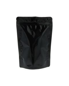 Shiny black doypack with tear notch and zip closure.