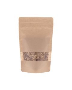 Brown kraft paper doypack with window, tear notch and zip closure.