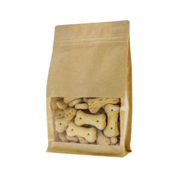 Brown aluminum-free kraft paper flat bottom pouch with window and front zipper.