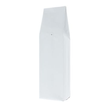 Matte white side-gusset coffee pouch with valve.