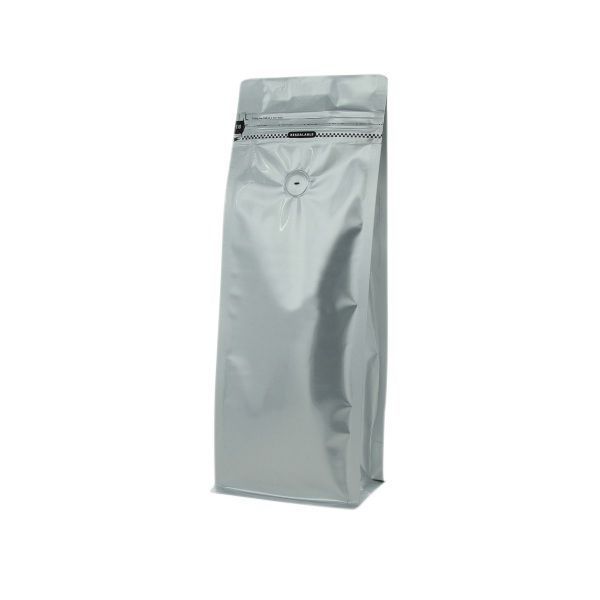 Flat bottom coffee pouch with front zipper - matt silver - 250 gr (95x245+{35+35} mm)