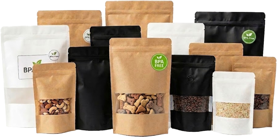 Assortment of various barrier stand-up pouches in different materials and colors for optimal product protection Assortment of various barrier stand-up pouches in different materials and colors for optimal product protection
