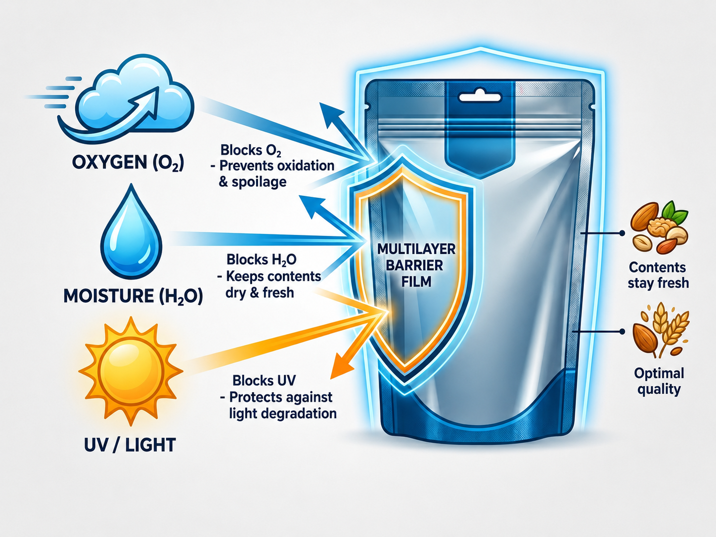 Infographic on how barrier packaging works: a multilayer film blocks oxygen, moisture, and UV light for maximum shelf life Infographic on how barrier packaging works: a multilayer film blocks oxygen, moisture, and UV light for maximum shelf life